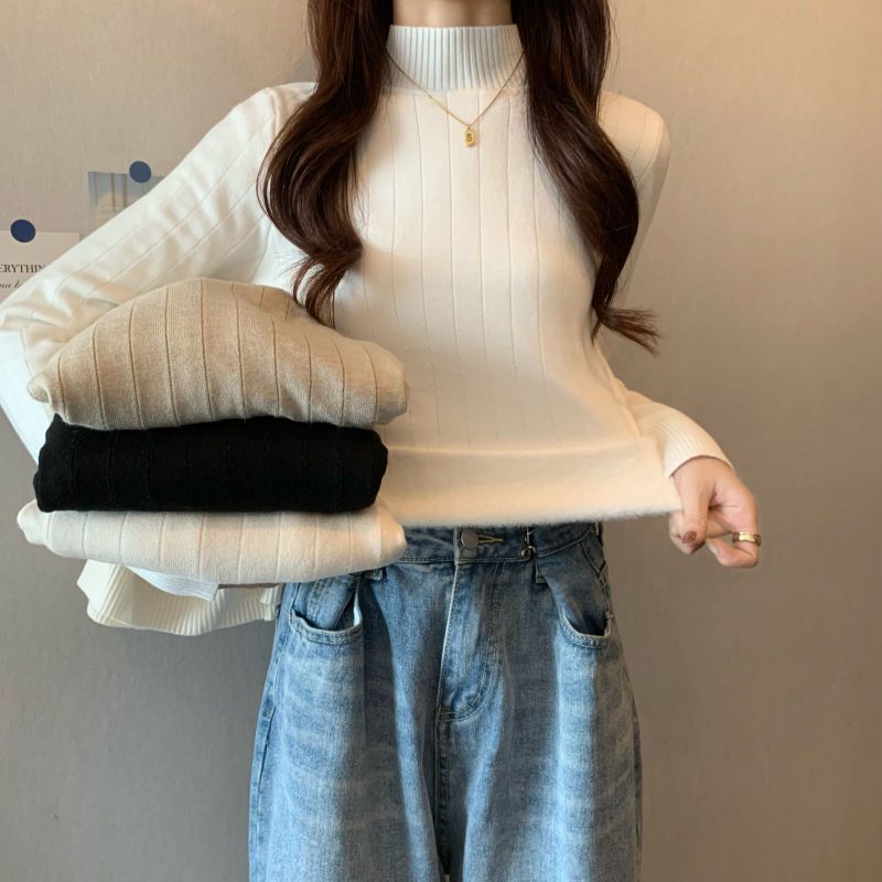 針織打底衫2023新款女秋冬加絨加厚時尚洋氣時髦內搭毛衣長袖上衣