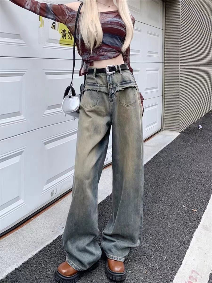 口袋毛邊設計直筒牛仔褲女夏季復古做舊高腰寬鬆顯瘦闊腿拖地褲潮