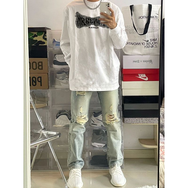 高街美式潮牌字母印花打底衫春秋季重磅100%純棉寬鬆長袖T恤男ins