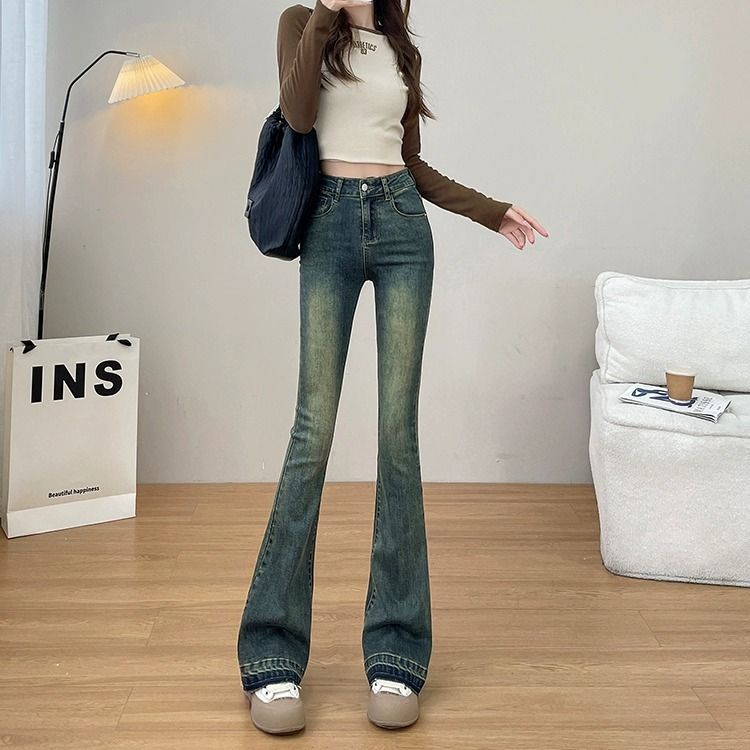 復古藍微喇叭褲子女秋季辣妹高腰牛仔褲彈力修身顯瘦百搭馬蹄長褲