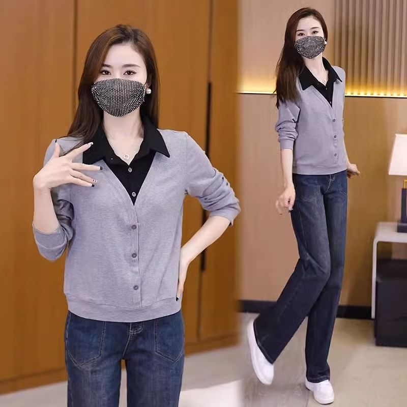 牛仔闊腿褲套裝女2023秋季新款洋氣假兩件襯衣休閒直筒褲兩件套潮