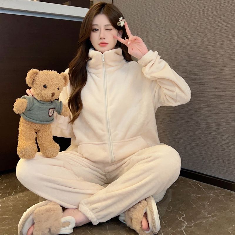 珊瑚絨睡衣女秋冬季拉鏈開衫加絨加厚法蘭絨可外穿保暖家居服套裝