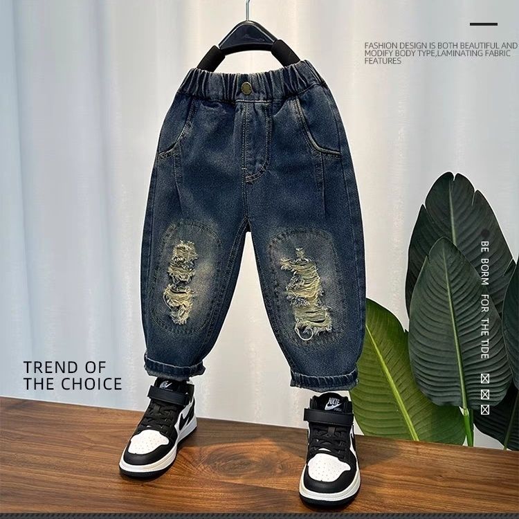 Boys' ripped jeans spring and autumn  new children's pants baby autumn boys' fashionable street trousers