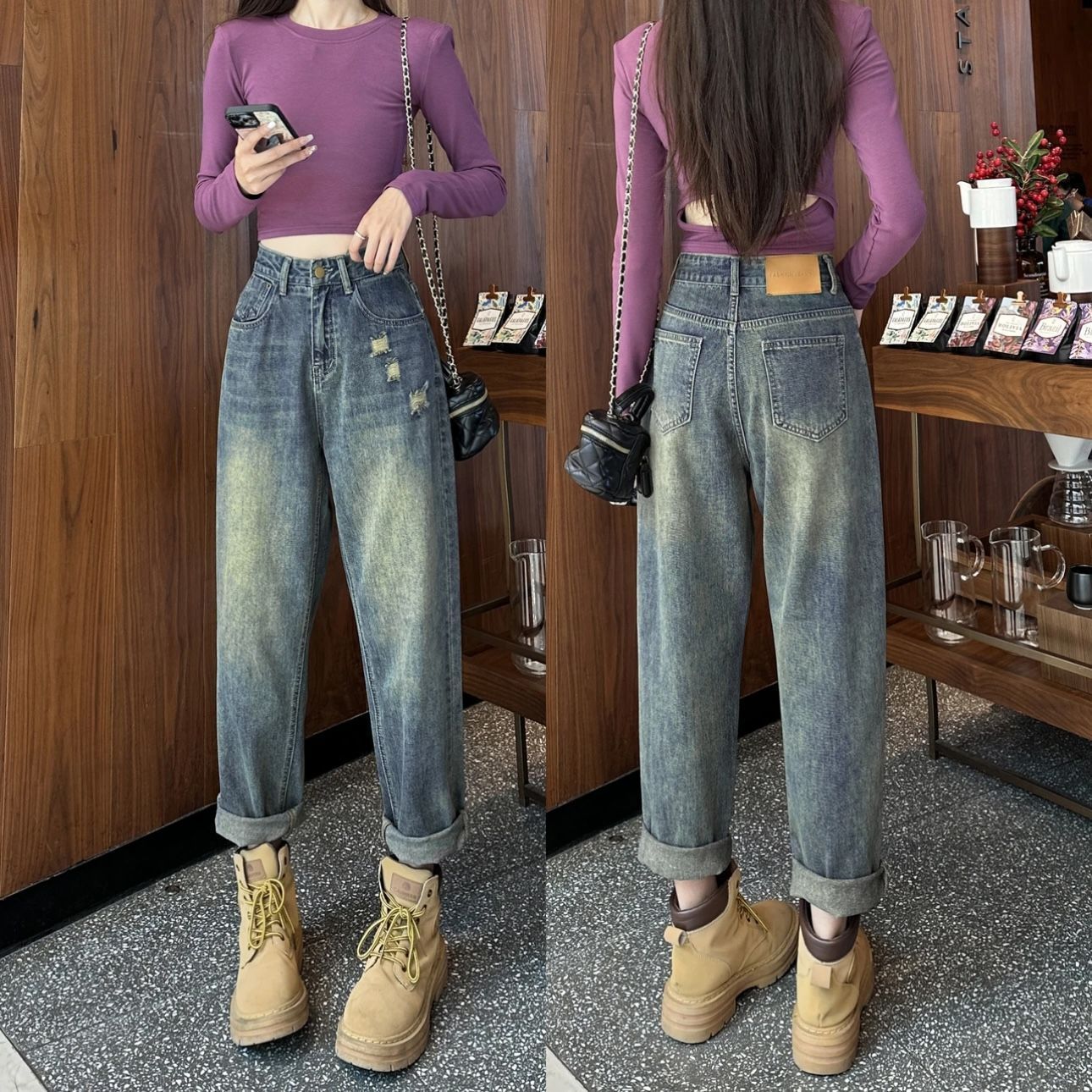 做舊復古牛仔褲女秋季2023新款小眾設計感高腰顯瘦闊腿老爹褲子潮