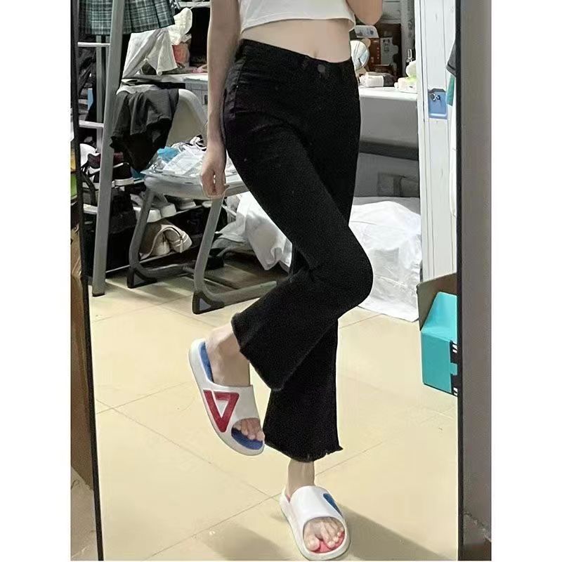 春秋高腰微喇叭牛仔褲女黑色韓版顯瘦百搭九分褲彈力喇叭潮學生版