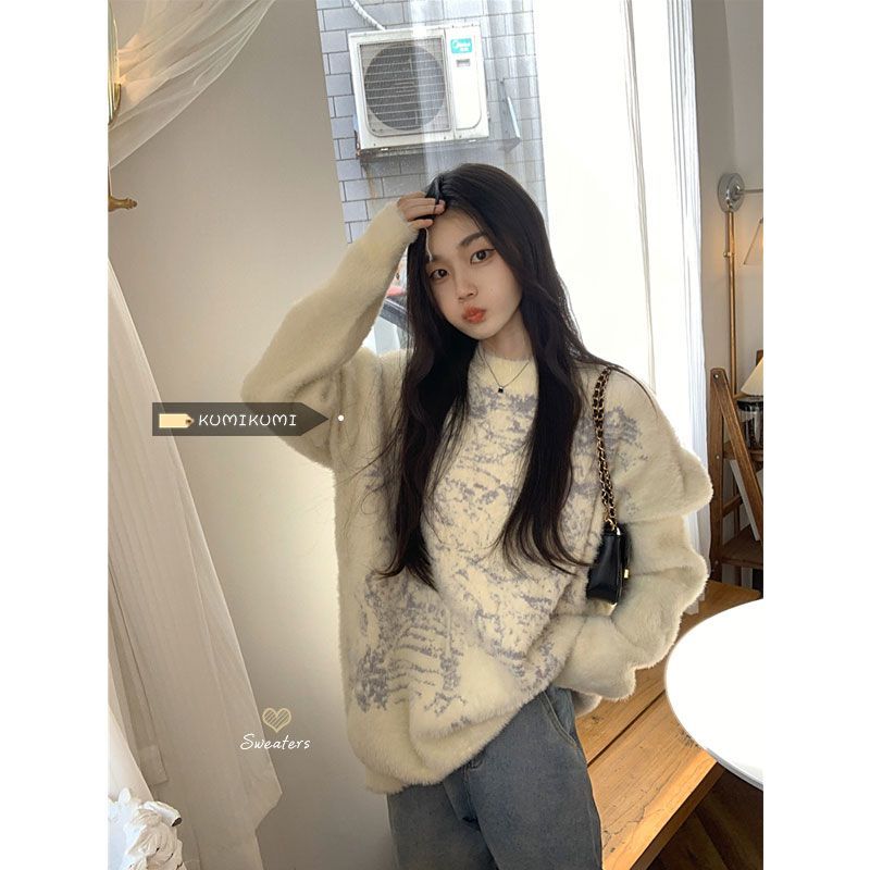 XJ家軟糯水貂毛毛衣女冬季溫柔風套頭針織衫設計感小眾上衣加厚