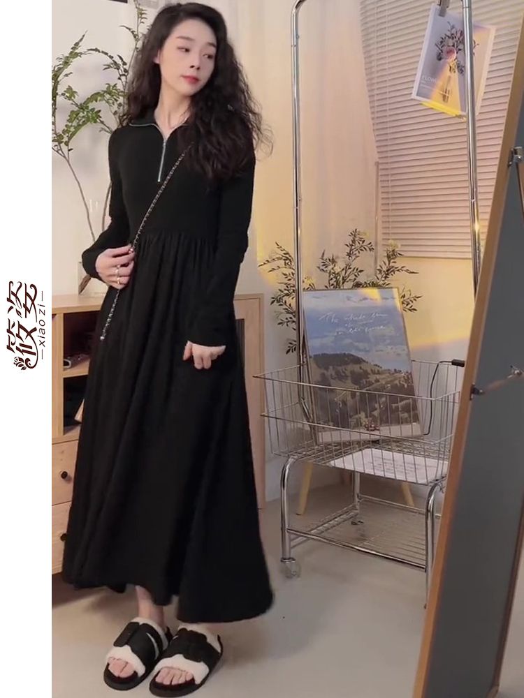 筱姿2023新款时尚黑色长袖连衣裙女收腰显瘦气质法式赫本风长裙子