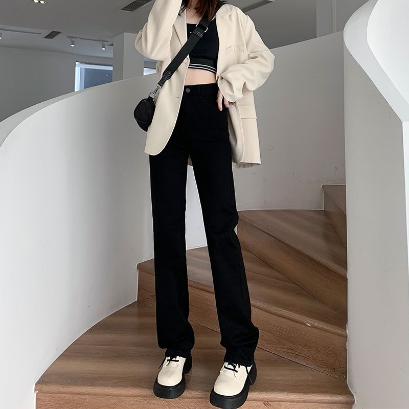 黑色牛仔褲女春秋季2023新款高腰寬鬆顯瘦顯高直筒百搭煙管堆褲子