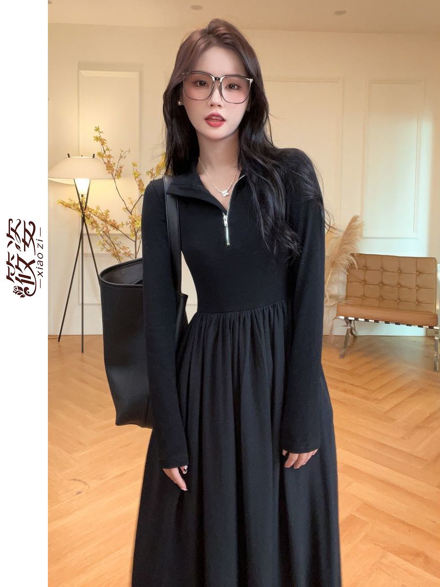 Shoplah法式美拉德黑色長袖連衣裙收腰長款氣質法式赫本風長裙子