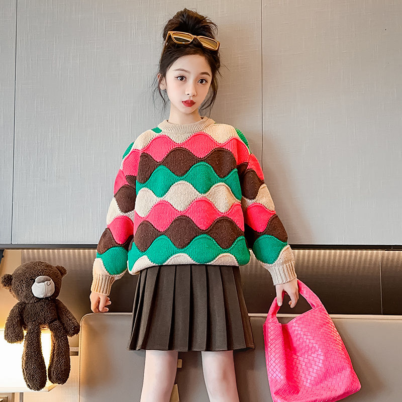 女童毛衣秋冬季新款韩版儿童格子冬装针织衫中大童洋气上衣潮