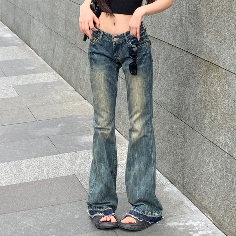 辣妹復古做舊高腰毛邊微喇牛仔褲女秋季小個子直筒顯瘦拖地長褲潮