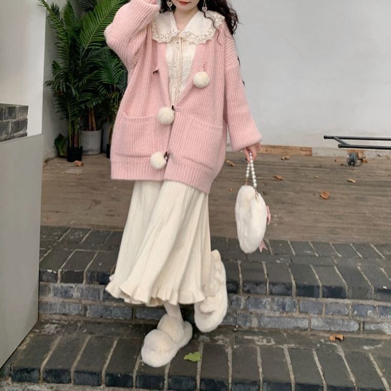 XJ家牛角扣毛球針織開衫毛衣秋冬v領韓系甜美寬鬆慵懶風女外套