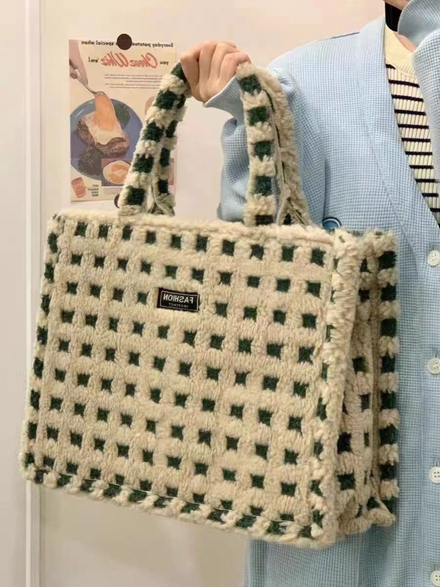 Hierscht a Wanter Karoéiert Tote Villsäiteg Plüsch Portabel Fräizäit Léierpersonal Handtasche Droen Sortie Pendlertasch_voghion.com