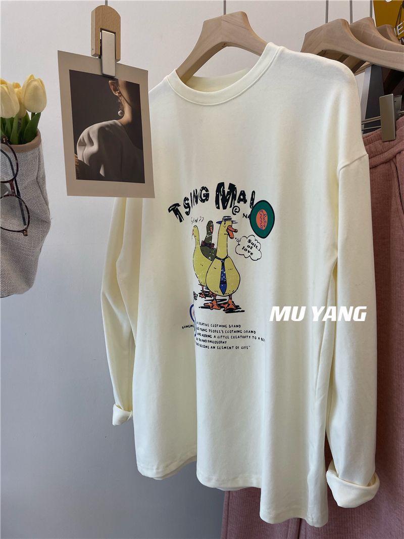 奧特萊斯剪標美式卡通鴨子印花T恤長袖圓領磨毛打底衫上衣tee