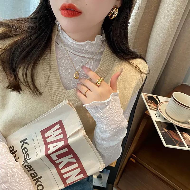 半高領蕾絲邊打底衫女新款長袖T恤氣質內搭上衣木耳邊春秋小衫仙
