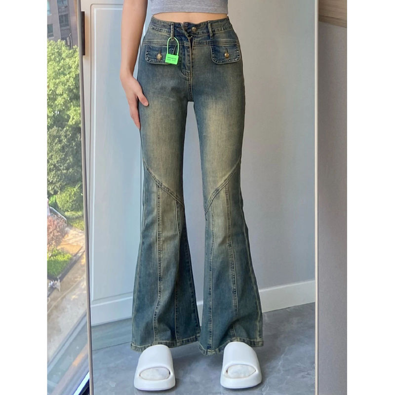 美式復古做舊牛仔褲女秋季小個子高腰彈力修身顯瘦直筒微喇叭長褲