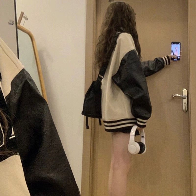 American retro patchwork baseball uniform for women, spring and autumn design niche jacket, versatile loose oversize jacket, trendy