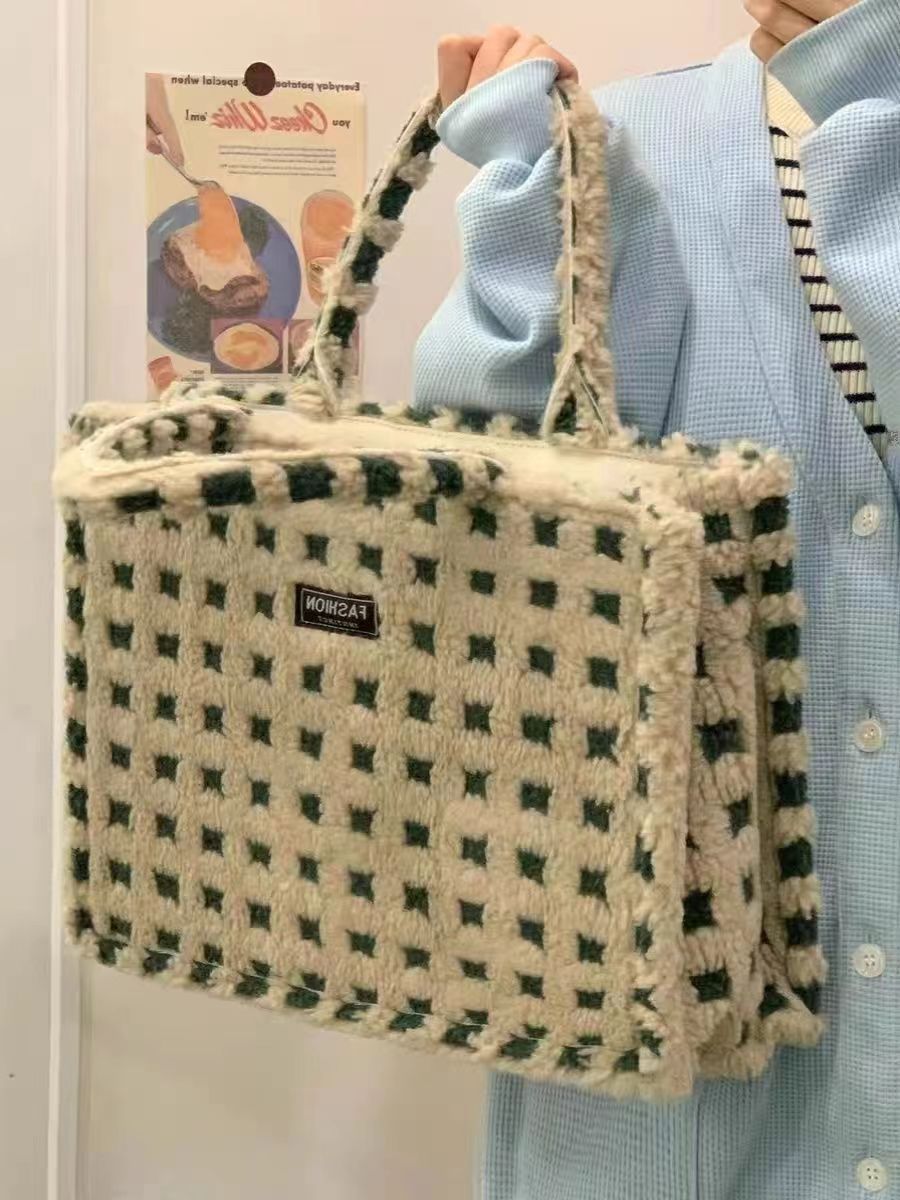 Hierscht a Wanter Karoéiert Tote Villsäiteg Plüsch Portabel Fräizäit Léierpersonal Handtasche Droen Sortie Pendlertasch_voghion.com