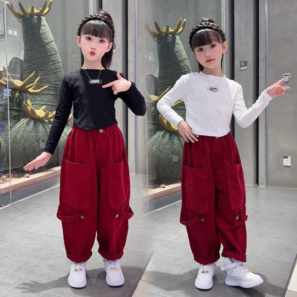 Girls Autumn Suit 2023 New Girls Autumn Bottoming Shirt Medium and Large Children Spring Autumn Overalls Two-piece Set