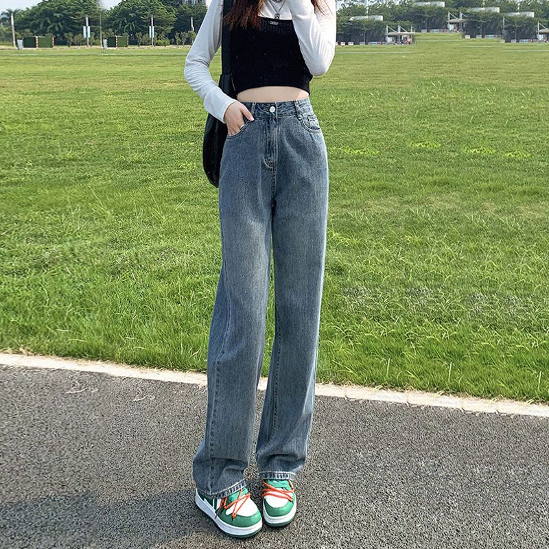 牛仔褲女2023年春秋季新款時尚高腰寬鬆顯瘦顯高百搭直筒拖地褲子