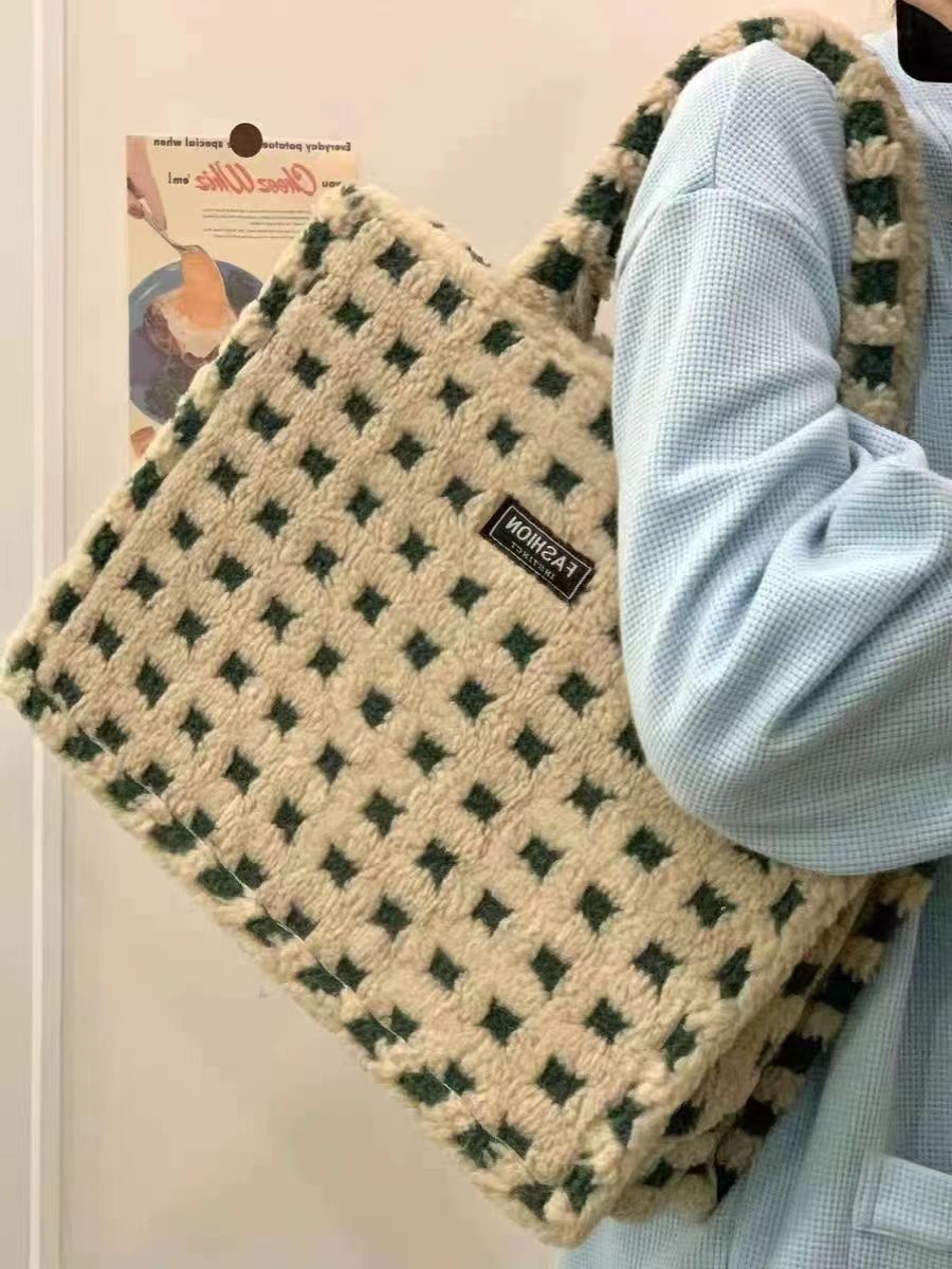 Hierscht a Wanter Karoéiert Tote Villsäiteg Plüsch Portabel Fräizäit Léierpersonal Handtasche Droen Sortie Pendlertasch_voghion.com
