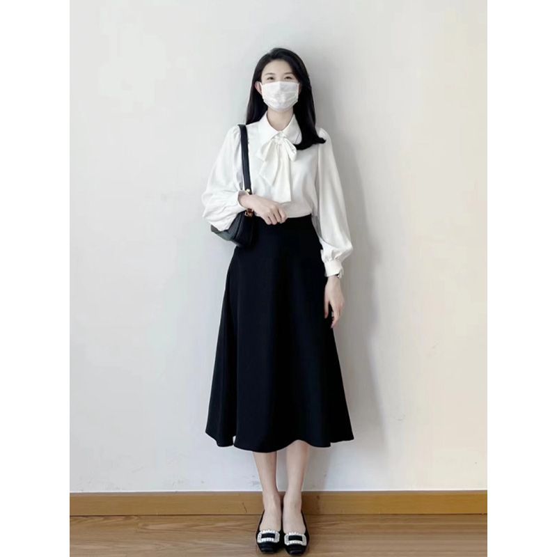 法式氣質白色襯衫春秋女裝高級設計感小眾垂感通勤蝴蝶結系帶上衣