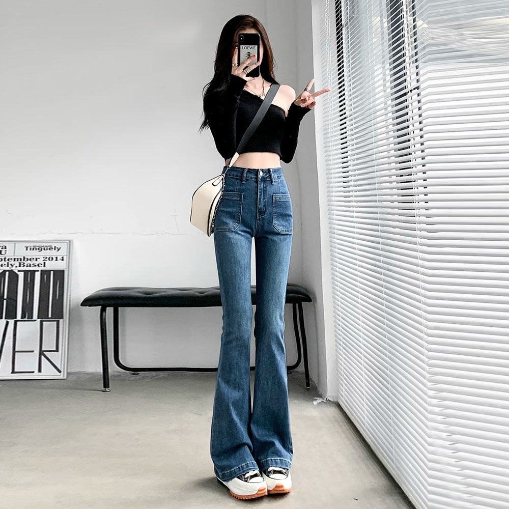復古藍美式微喇叭牛仔褲女2023小眾設計感前口袋高腰顯瘦馬蹄長褲