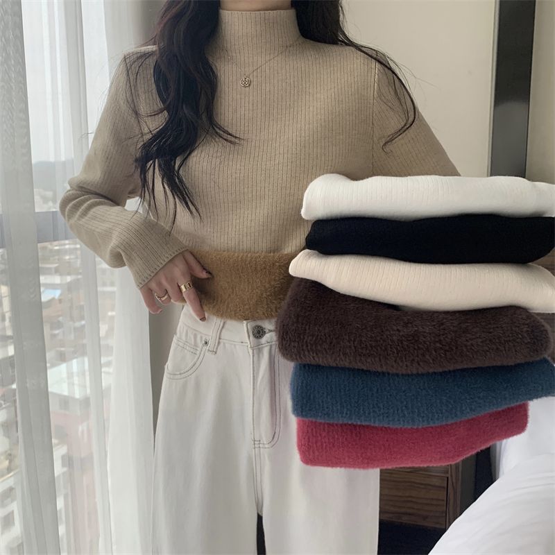 加絨加厚仿水貂毛打底衫毛衣女秋冬2023新款修身半高領內搭針織衫