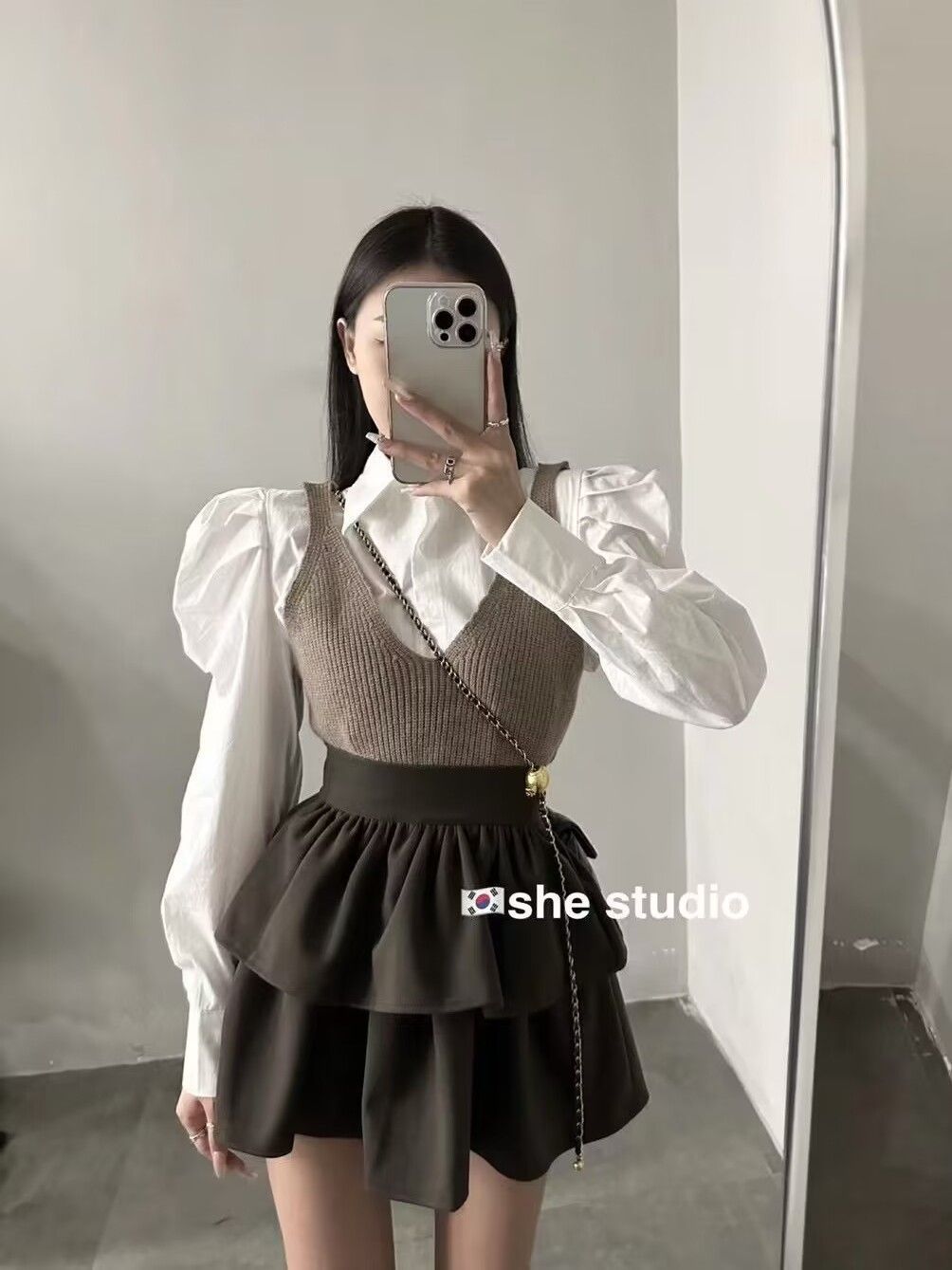 韓系氣質減齡套裝女秋季新款洋氣泡泡袖襯衫+針織背心+性感半身裙