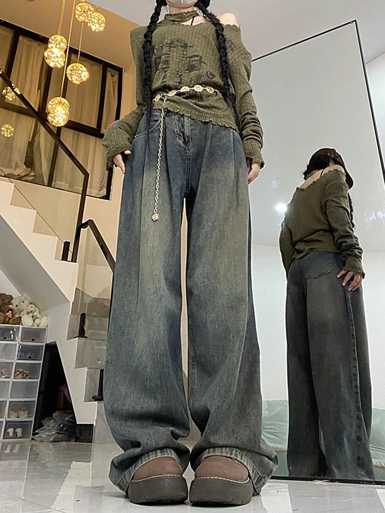 復古水泥灰闊腿牛仔褲女秋季新款高腰寬鬆顯瘦百搭直筒拖地褲子潮