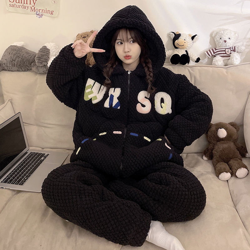 黑色簡約純色新款加絨加厚卡通甜美睡衣夾棉珊瑚絨法蘭絨三層夾棉