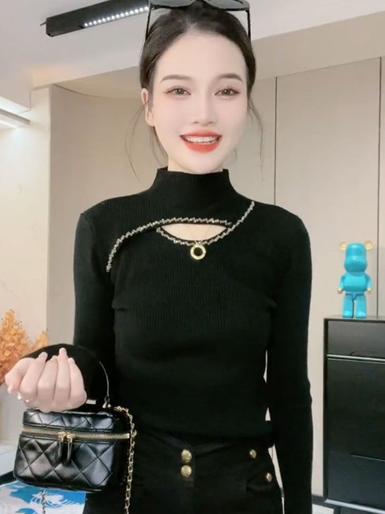 藍海奕諾半高領針織衫女2023秋季新款毛衣打底衫鏤空洋氣短款上衣