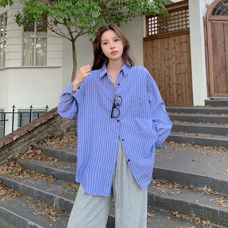 韓系學院風條紋襯衫女寬鬆秋季2023年別致設計感小眾長袖外套上衣