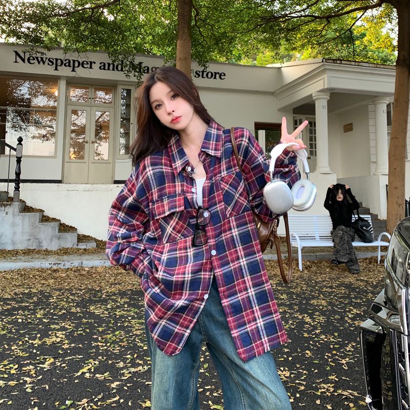 美式復古格子襯衫女撞色秋季新款長袖襯衣流蘇設計感外套情侶上衣