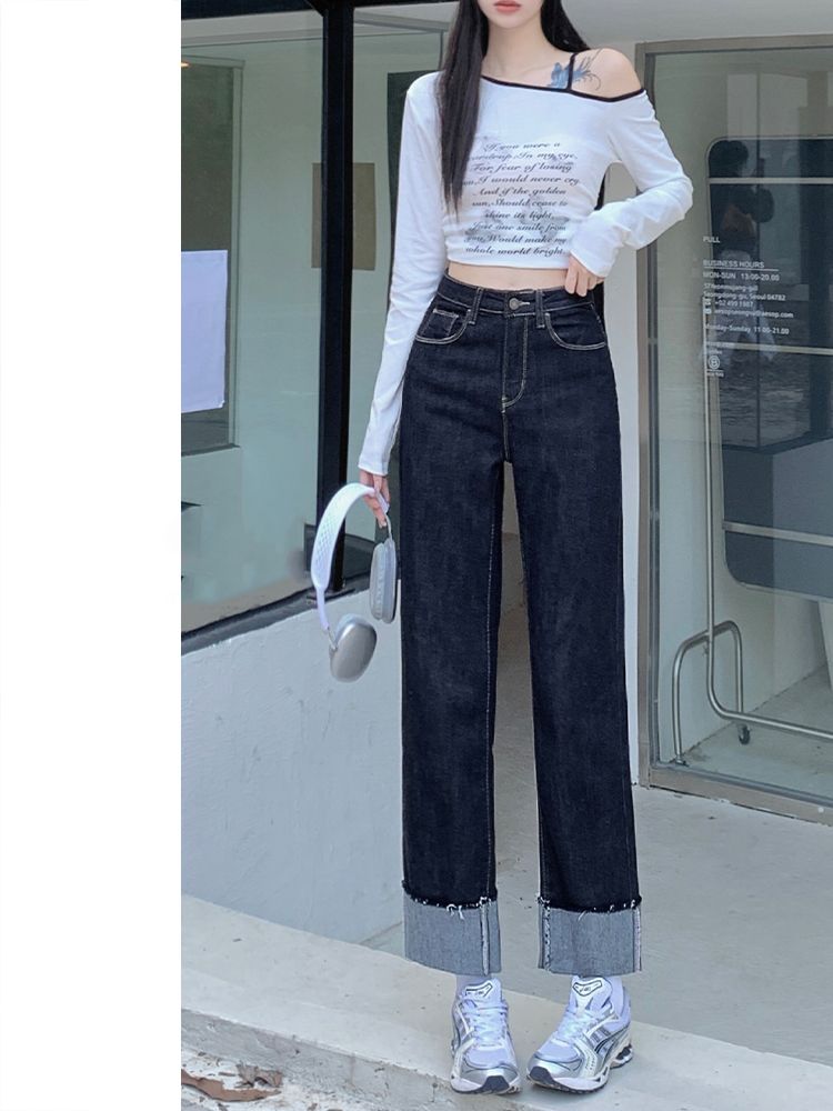 YSYOURS九分卷邊設計藍灰牛仔褲女秋季小個子辣妹顯瘦百搭煙管褲