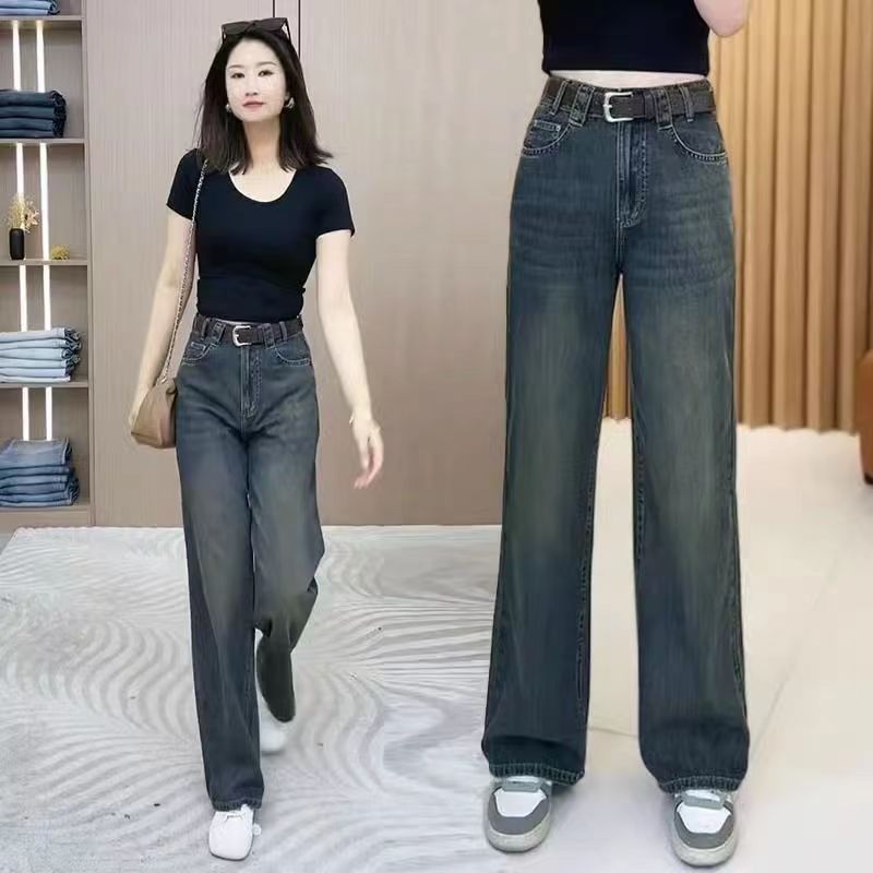 闊腿褲復古直筒牛仔褲女新款2023秋冬高腰垂感寬鬆拖地小個子褲子