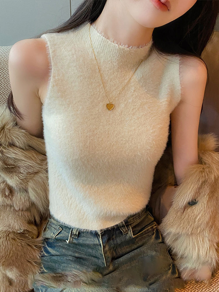 無袖背心打底女內搭秋冬半高領水貂絨辣妹純欲穿搭吊帶上衣高級感