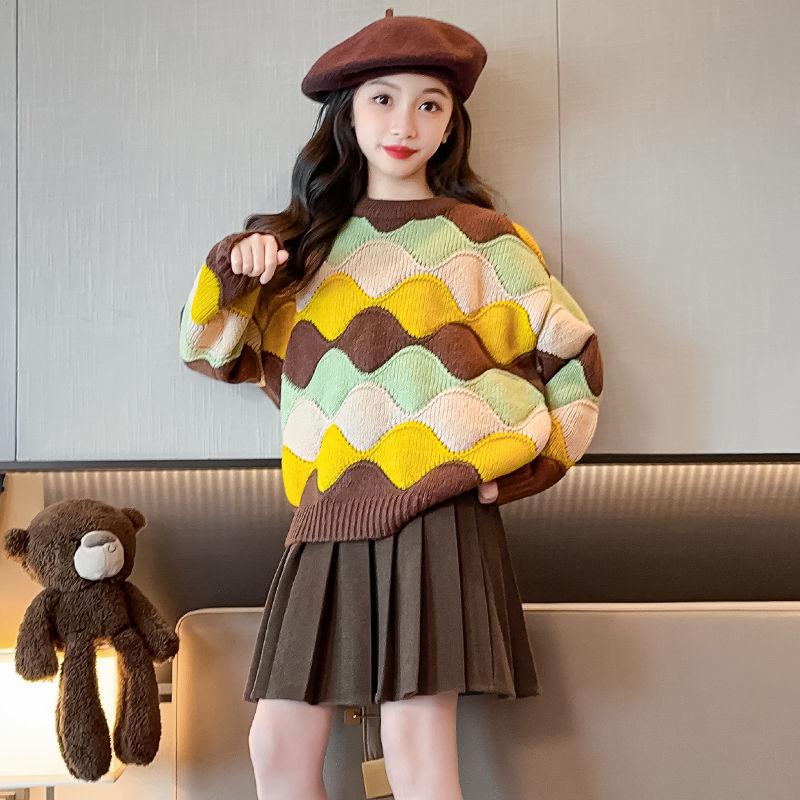 女童毛衣秋冬季新款韩版儿童格子冬装针织衫中大童洋气上衣潮