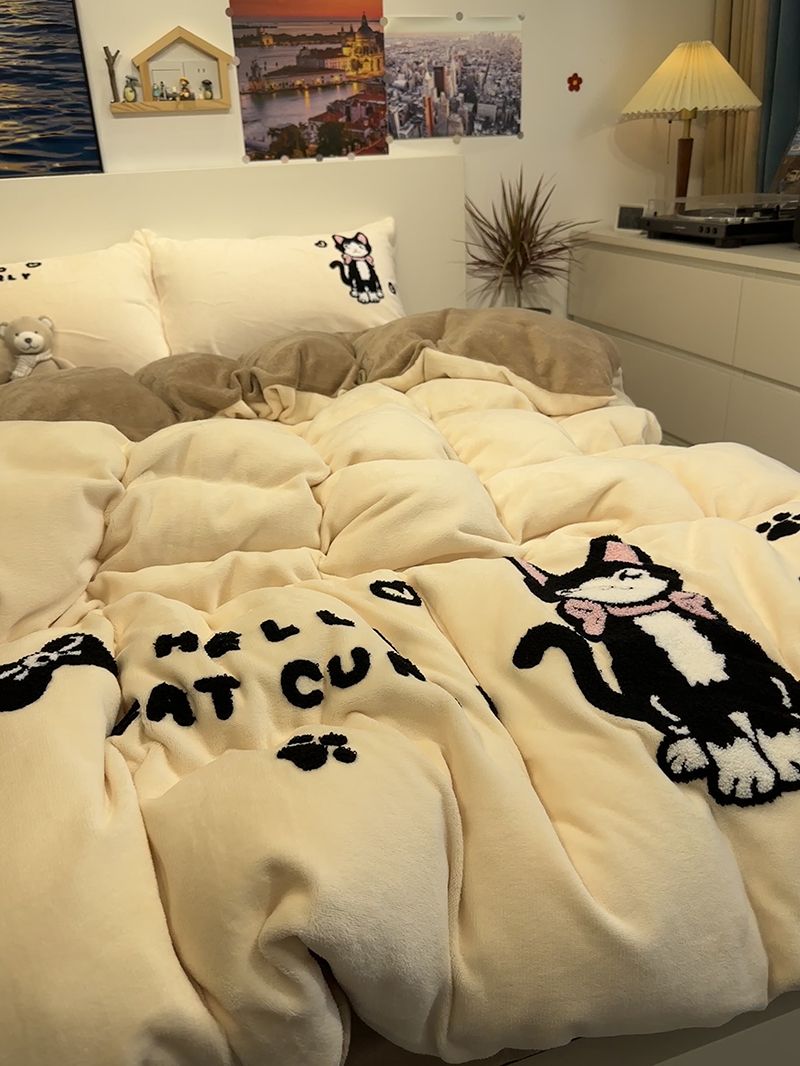 ins冬季可爱猫咪毛巾绣牛奶绒四件套加厚珊瑚绒被套床单笠三件套