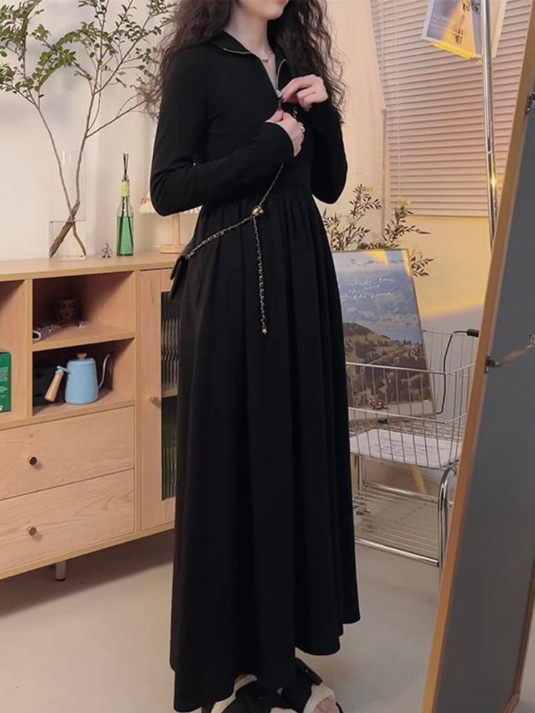 筱姿2023新款时尚黑色长袖连衣裙女收腰显瘦气质法式赫本风长裙子