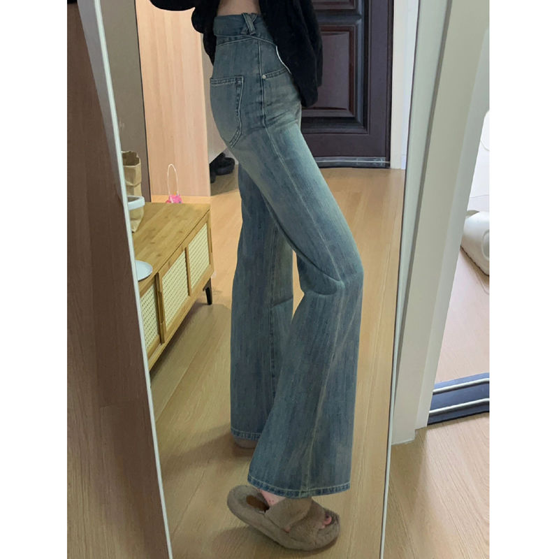 辣妹復古翻邊微喇牛仔褲女秋季小個子高腰顯瘦直筒拖地馬蹄長褲潮
