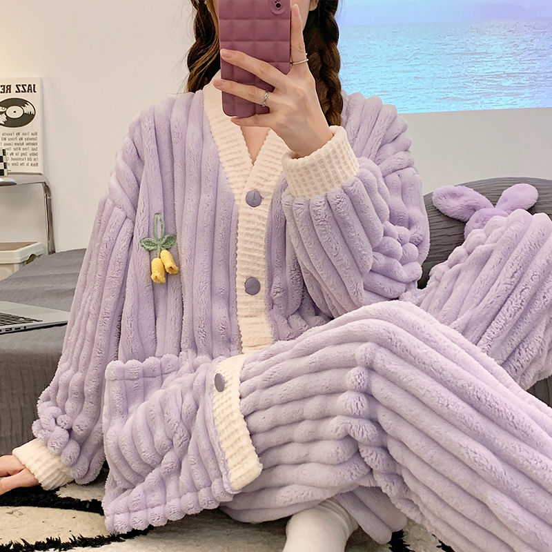 2023年新款冬天睡衣女士秋冬季珊瑚絨加厚法蘭絨家居服可外穿套裝