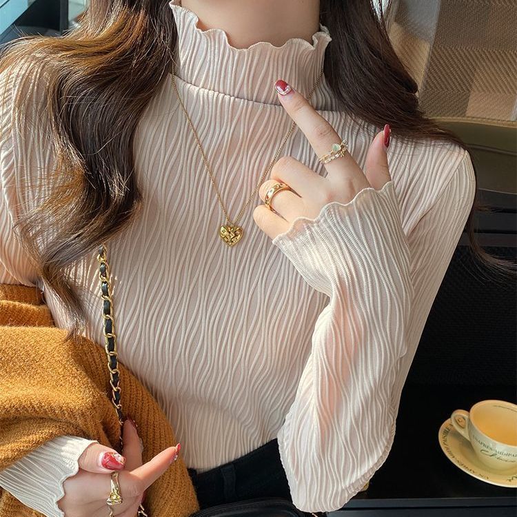 半高領長袖修身打底衫女內搭秋高級感新款2023年洋氣木耳邊上衣服