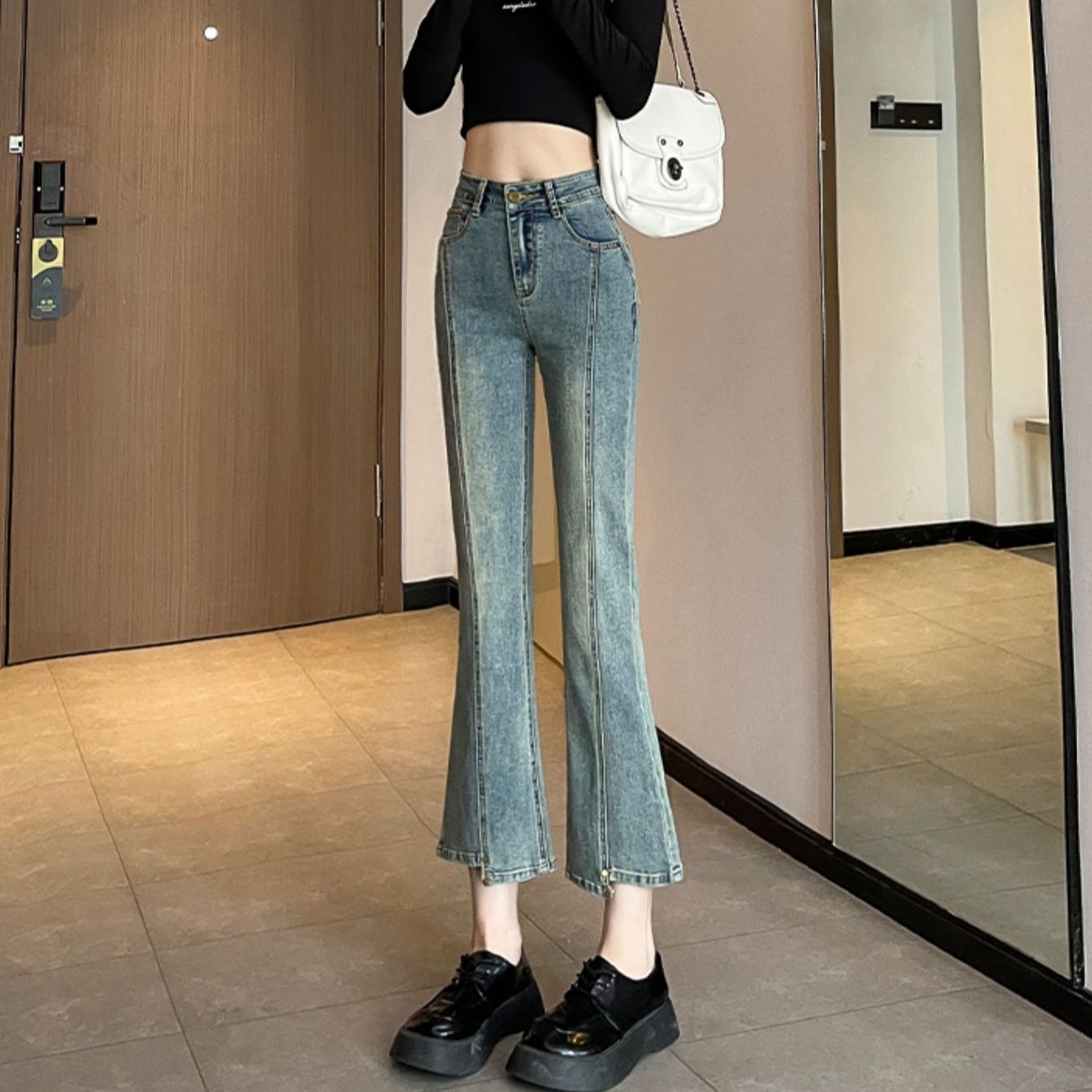淺藍牛仔褲女春秋時尚新款簡約高腰顯瘦顯高百搭修身九分喇叭褲女