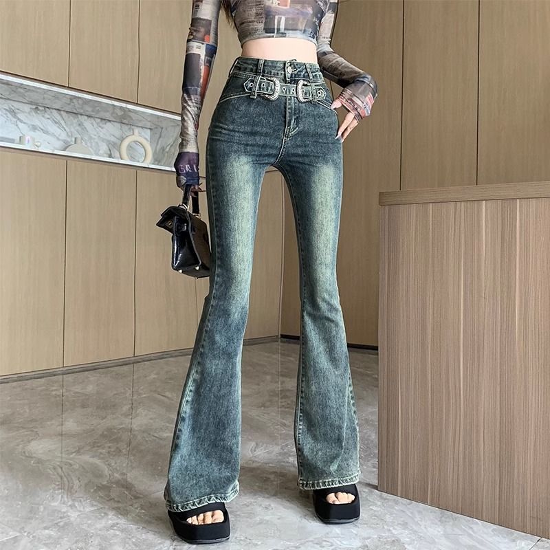 復古辣妹微喇叭牛仔褲女2023秋季新款高腰彈力緊身顯瘦拖地馬蹄褲