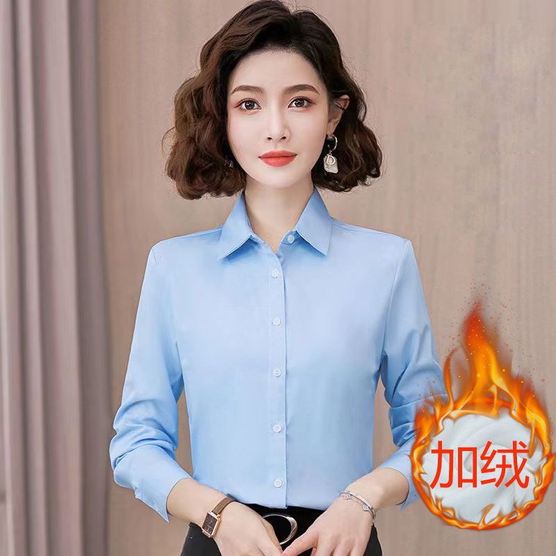 白色加絨雪紡襯衫女冬季加厚保暖一體絨襯衣職業裝正裝氣質工作服
