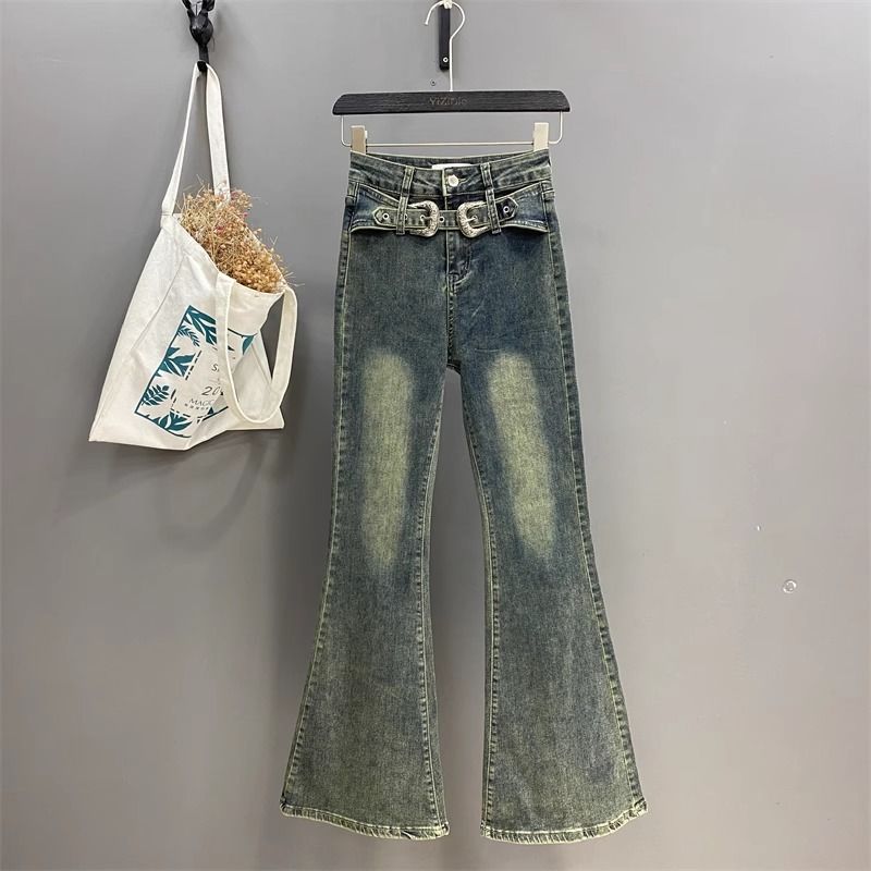 腰帶設計感微喇牛仔褲女2023年秋季新款高腰修身彈力顯瘦喇叭長褲