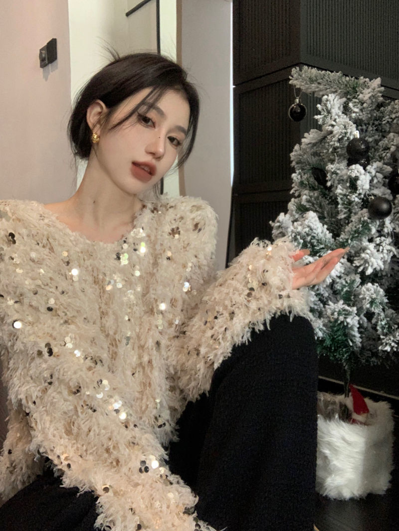 XJ家高級感甜美亮片毛衣女2023春秋新款小眾設計感內搭針織衫上衣