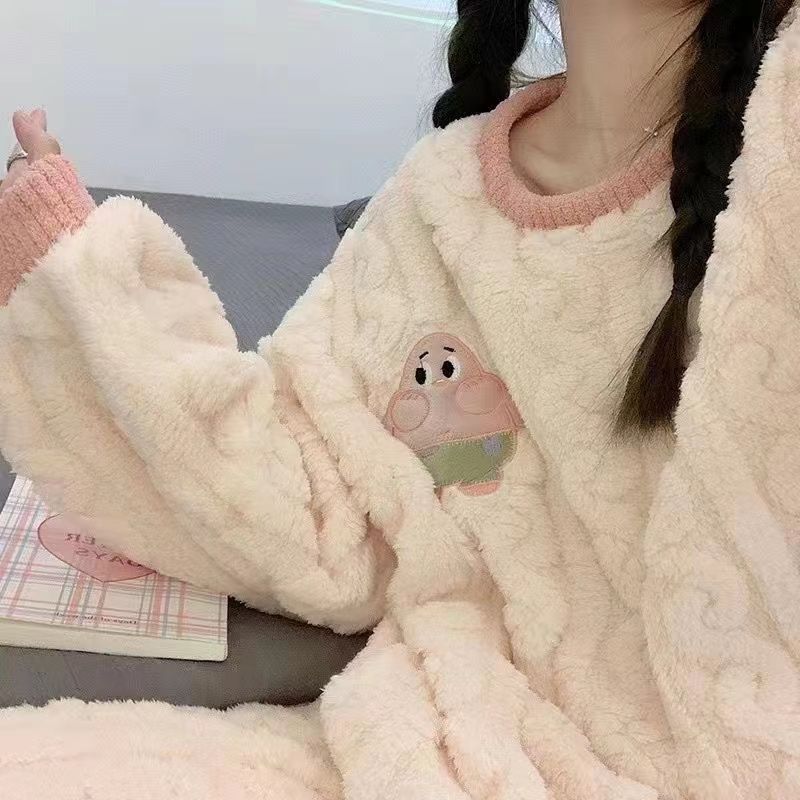 珊瑚絨派大星睡衣女款冬季可愛加絨加厚保暖長毛法蘭絨家居服套裝