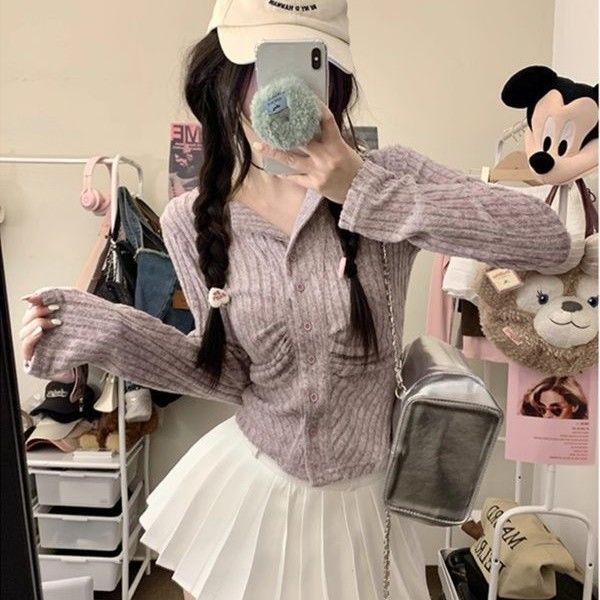 甜辣妹长袖针织衫女秋季韩版2023新款设计感修身显瘦褶皱短款开衫
